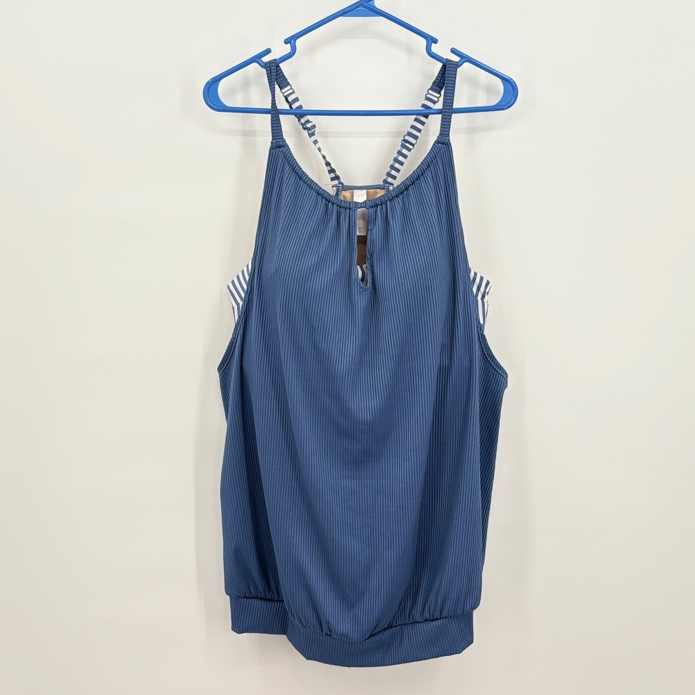 Cacique Swim Blue Ribbed Blouson Tankini Top Underwire Bra 40DD